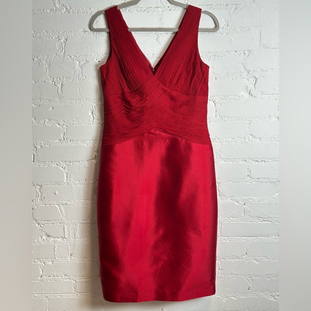 100% Silk Talbots Holiday Party Elegant V-Neck Ruched Red Sleeveless Knee Length